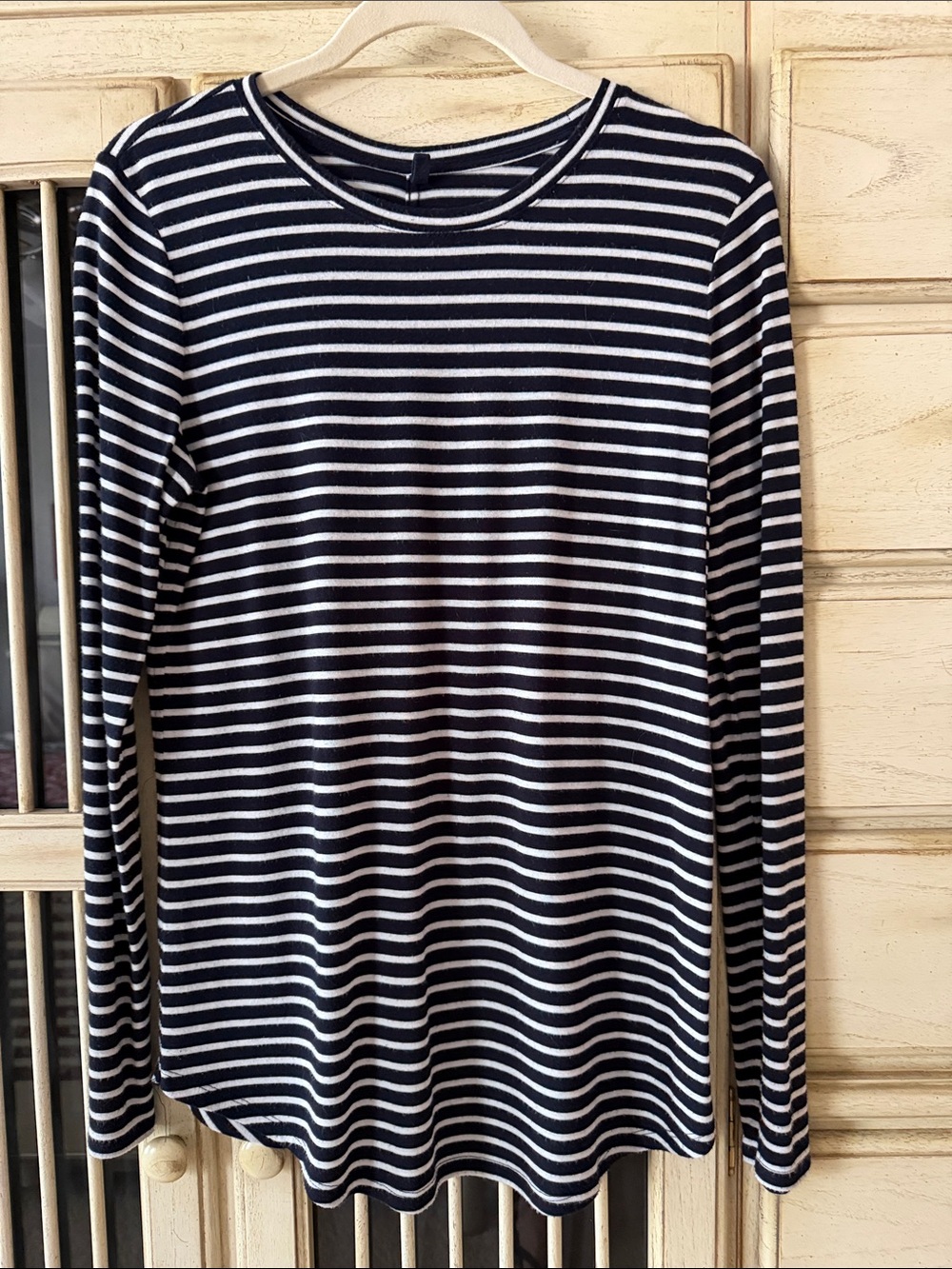Women’s Long-Sleeve Navy and White Striped Crewneck Shirt